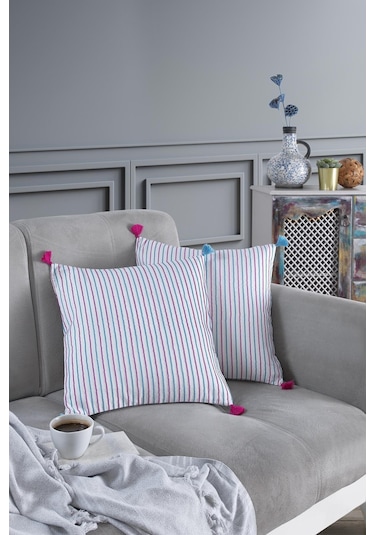 Maisonart Pompoms 2'li Dekoratif Kırlent Kılıfı Yastık Kılıfı %100 Pamuklu 44x44 Cm Kırmızı