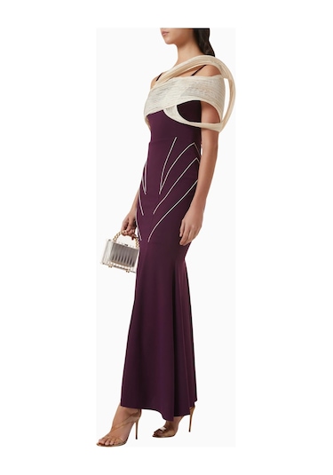 Ac By Aanchal Chanda Off - Shoulder Pileli Maxi Kadın Elbise Koyu Mor