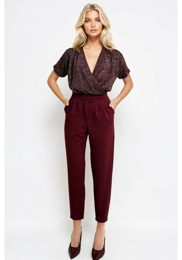 Çift Düğmeli Havuç Model Bilek Boy Kadın Kumaş Pantolon Bordo