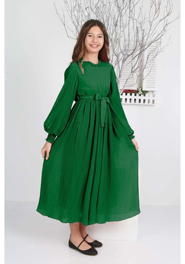 Kız Çocuk Uzun Boydan Pliseli Şifon Elbise Zümrüt