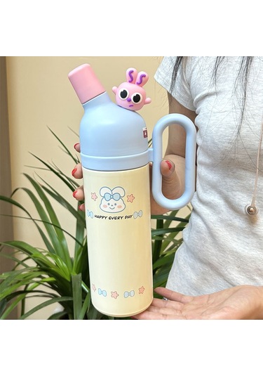 2024 Yeni Termos Kupası Çizgi Film 316 Paslanmaz Çelik Taşınabilir Su Bardağı Kolu Sevimli Büyük Kapasite Pipet Bardak Mavi-beyaz-wu Lala Termos Kupası