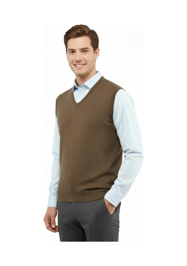 Çizgi Triko Erkek V Yaka Süveter Çelik Örgü Regular Kalıp 5200h Bgl-st04962 Vizon