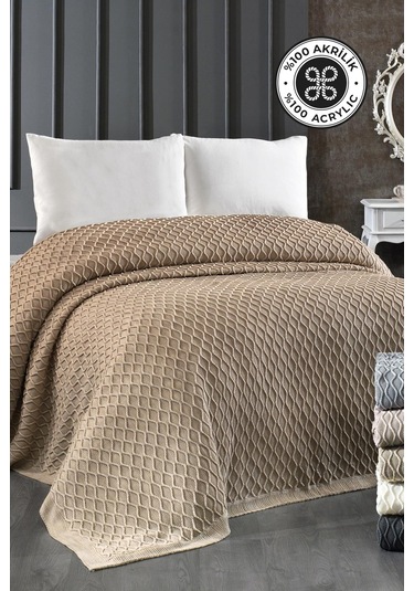 Akrilik Örgü Battaniye Çift Kişilik 220 X 240 Cm Yatak Örtüsü Pike Poly Cappuccino
