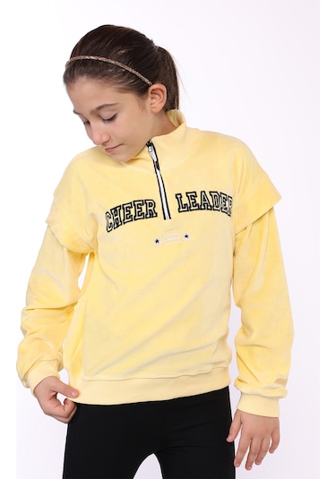 Toontoy Kız Çocuk Fermuar Detaylı Nakışlı Kadife Sweatshirt Sarı