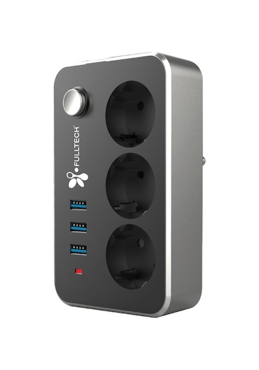 Fulltech FTR-02 3'lü Termal 2 M Akım Korumalı Priz Siyah