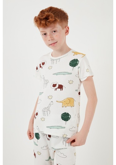 Lela Desenli % 100 Pamuk Bisiklet Yaka Erkek Çocuk Pijama Takımı 6651001 Ekru-Hardal