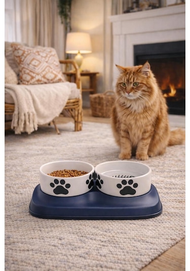 Premium Yükseltilmiş İkili Seramik Kedi Mama Ve Su Kabı