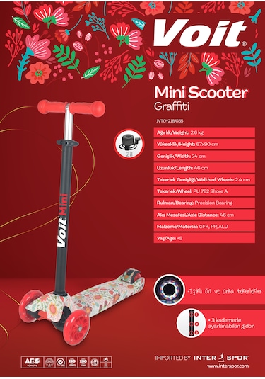 Voit Işıklı Tekerlekli Çocuk Scooter Ayarlanabilir Gidon, Zil,