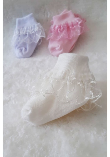 3lü Kız Bebek Dantelli Çorap Pamuklu Likralı Esnek Renkli Çok Renkli