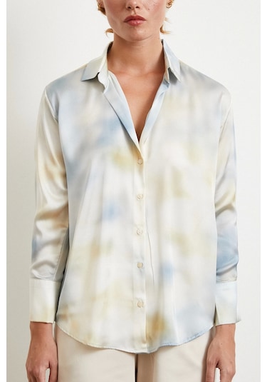 Ebruli Desen Saten Gömlek Buz Mavisi Buz Mavisi