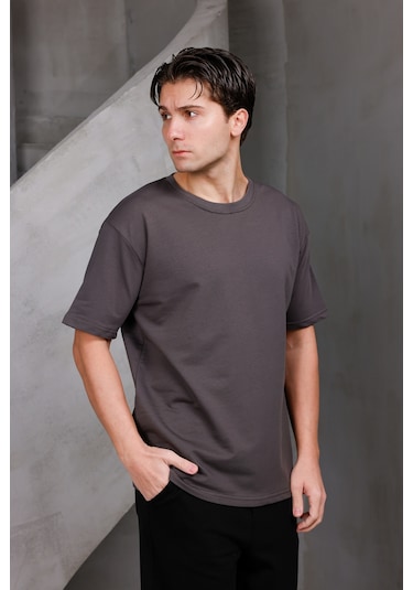 Erkek Basic Oversize Bisiklet Yaka 2 İki İplik Kompakt T-shirt Kahverengi