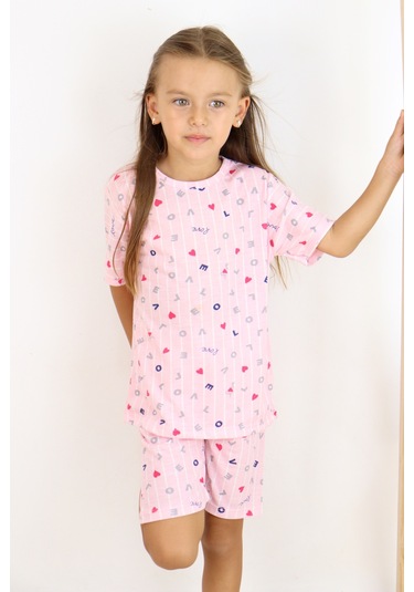 Kız Çocuk Pamuklu Penye Kumaş Şortlu Pijama Takımı Beyaz - Pembe