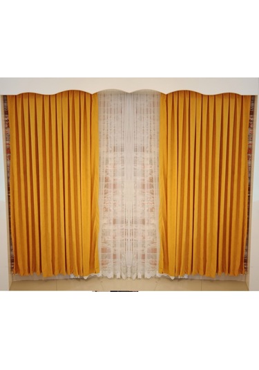 Hardal Sarısı Renk Fon Kadife Perde Çift Kanat 1/3 Sık Pileli Dikim V-16 Hardal Sarısı