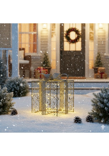 15x15 Cm Yılbaşı Hediye Paketi Metal Süs - Gold Gümüş Payetli Boncuklu Lüks Noel Ağaç Altı Dekorasyonu Diğer