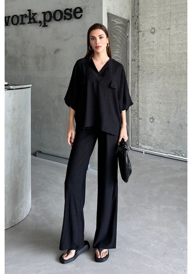 Kadın Siyah Yarasa Kol Sahte Cep Bürümcük Alt Üst Palazzo Takım Siyah
