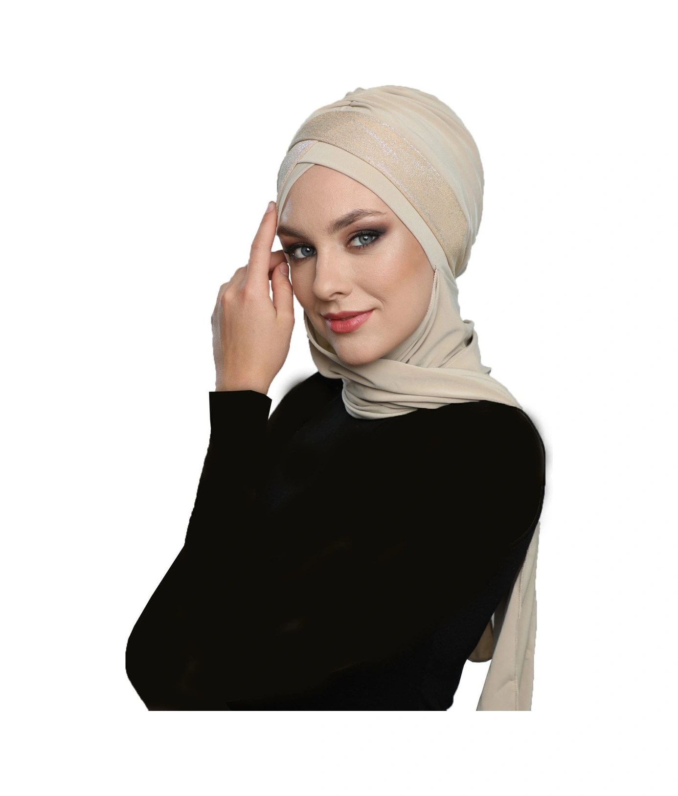Çapraz Pike Atkılı Astarlı Bej Hazır Türban Tesettür Bone Bej