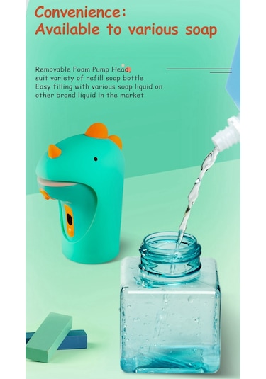 Xurunkeji Çocuklar İçin Otomatik Sabunluk Temassız El Sabunu Dağıtıcısı Banyo Tezgahı İçin Sevimli Dinozor Köpük Dağıtıcısı Yeşil
