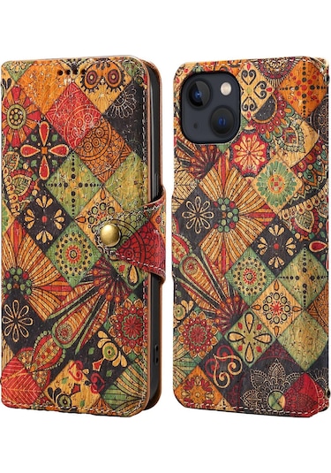 İphone Uyumlu 15 Plus Kılıf Çiçek Baskılı Pu Deri Cüzdan Kart Yuvaları Telefon Kılıfı