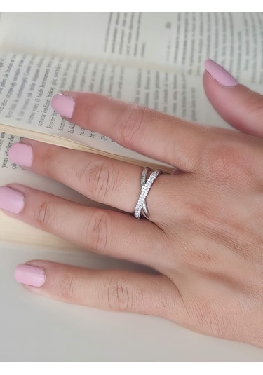 Çapraz X Model Zirkon Taşlı Ayarlanabilir Silver Gümüş Renkli Yüzük Silver