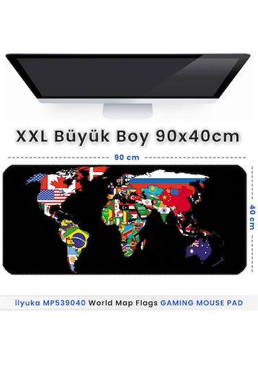 İlyuka Mousepad 90x40cm Büyük Boy Xxl Mp539040 World Map Flags