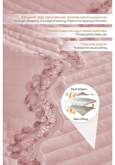 Evlen Home Mihrimah Dantelli Lüks Yatak Örtüsü Seti Çift Kişilik %100 Pamuklu Şık Zarif Yumuşak Dokulu Pudra