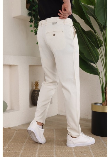 Erkek Casual Slim Fit Cord Desenli Kumaş Pantolon Açık Krem