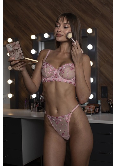 Arona Transparan Balenli Kalp Desenli Pembe Sütyen Külot Takımı Koyu Pembe