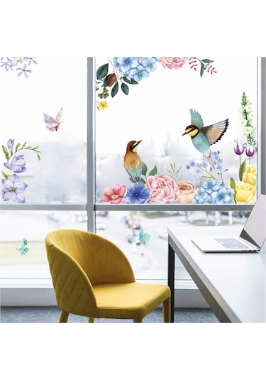 Geeksen Renkli Pvc Kuş Ve Çiçek Desenli Duvar Sticker - Ev Dekorasyonu, Kusurlu Duvarları Gizle, Kolay Uygulama 94x110cm Çok Renkli