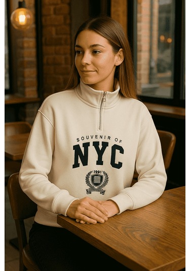 Önü Fermuarlı Nyc Baskılı Sweat Ekru