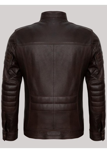 Hakiki Kuzu Derisi Kahverengi Koldan Düz Çizgili Fermuarlı Dört Cepli Erkek Deri Mont Kahverengi