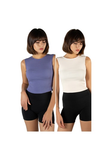 2'li Paket Mor Krem Fitted/vücuda Oturan Crop Halter Yaka Fitilli Esnek Örme Bluz Atlet Mor-krem