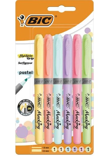 Bic Marking Highlighter Grip Fosforlu Kalem Pastel Renkler 6'lı Çok Renkli