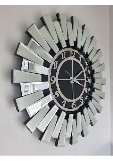 Ayna Denizi Güneş Twins Argent Black Model Gümüş Siyah Renk 70 Cm Dekoratif Aynalı Duvar Saati Gümüş - Siyah