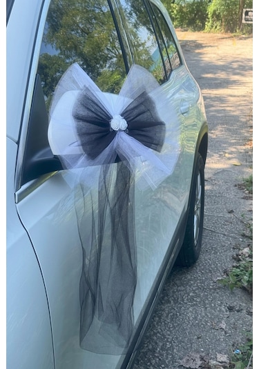 30 Adet Beyaz Siyah Kristal Tül Beyaz Latex Gül Kuyruk Detaylı Düğün Nikah Kına Sünnet Konvoy Süsü Beyaz Siyah