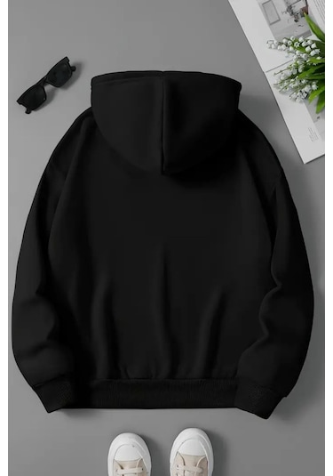 Unisex Siyah Kapüşonlu Fermuarlı Sweatshirt Minik Pandalar Cep Detay Baskılı, Şardonlu Kalın Kumaş Siyah