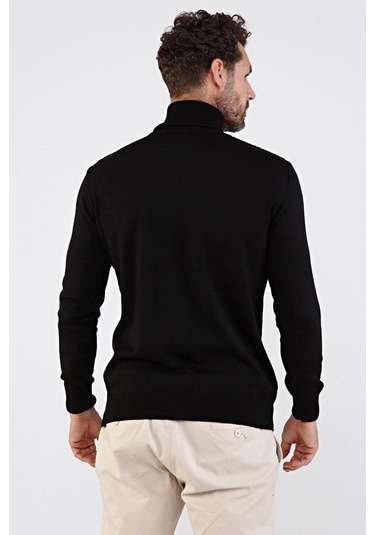 Çizgi Triko Erkek Tam Balıkçı Yaka Pamuklu Triko Kazak 4669E Siya Siyah