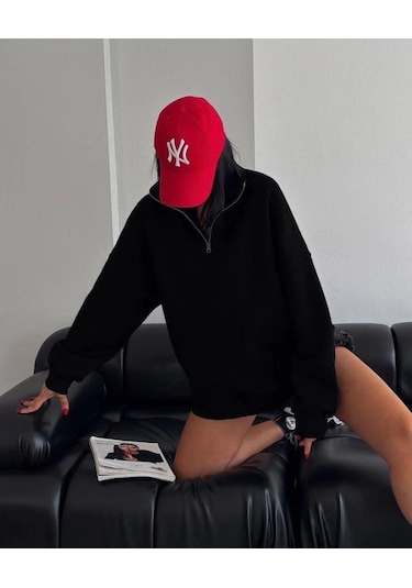 Vexor Yarım Fermuarlı Üç İplik Sweatshirt - Siyah