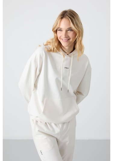 Tommy Life Ekru Kapüşonlu Kanguru Cep Oversize Lastik Paça Kadın Eşofman Takımı - 95288 Ekru