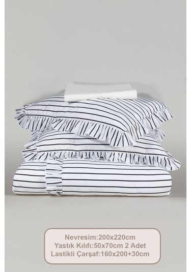 Elart Lara Nevresim Takımı Çift Kişilik Lastikli Çarşaf %100 Pamuk Ranforce Fırfırlı 200x220 Cm Siyah Siyah