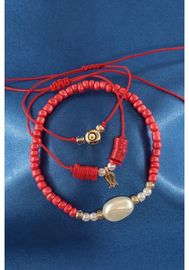 3lü Laleli İncili Nazar Boncuklu Asansörlü Lastikli İp Bileklik. Boncuklu Kadın İp Bileklik Halhal Çok Renkli