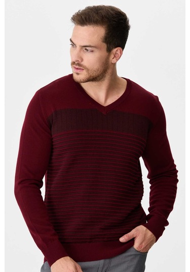Desen Triko Erkek Desenli V Yaka Yün Kazak 0249640 Bordo Bordo