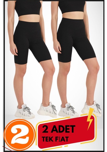 Kadın Kısa Siyah Şort Tayt 2'li Paket Lycralı Yüksek Bel Toparlayıcı Mevsimlik Biker 21070 Siyah - Siyah