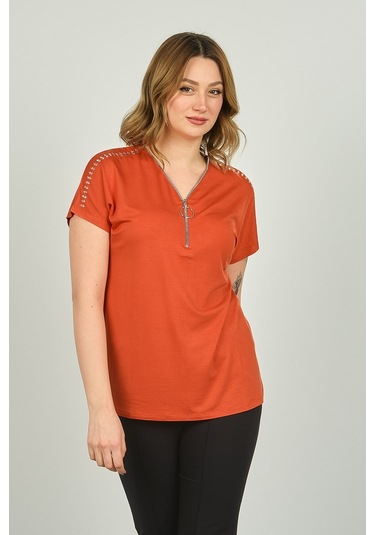 Ella Camelia Kadın Fermuarlı Kısa Kol Bluz 20e038 Kiremit