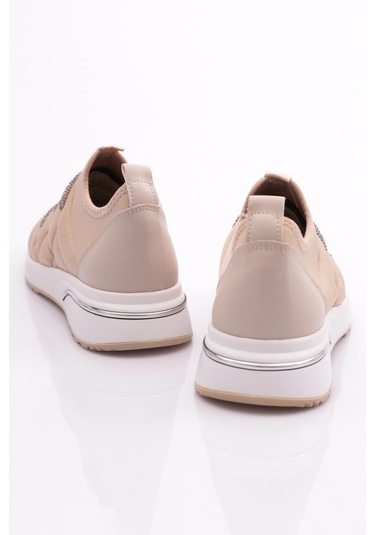 Dgn 222 Kadin Kalin Taban Baklava Desenli Sneaker Ayakkabi 222-2494-R0155 Bej - Beyaz
