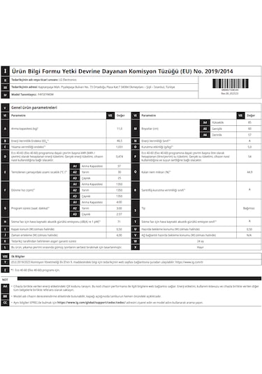 LG F4Y5EYW0W 1400 Devir 11 KG Çamaşır Makinesi