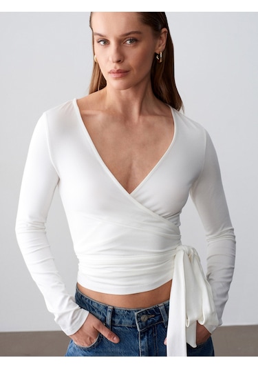 Dilvin 32645 Uzun Kollu Kruvaze Top-ekru