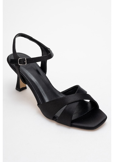 Melin Siyah Saten Çapraz Bantlı Kadın Topuklu Ayakkabı Saten Siyah