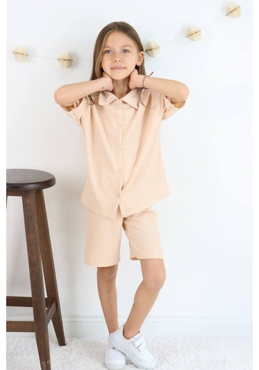 Gömlek Oversize Kız Şort Takım Bej
