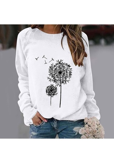 Kadın Uzun Kollu Bisiklet Yaka Çiçek Desenli Viskon Bluz Beyaz