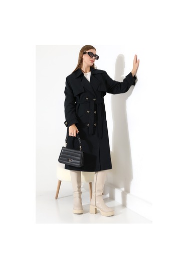 Amazon Keten Kumaş Diz Altı Yumuşak Dokulu Düğmeli Astarlı Trenç Kot Siyah Siyah